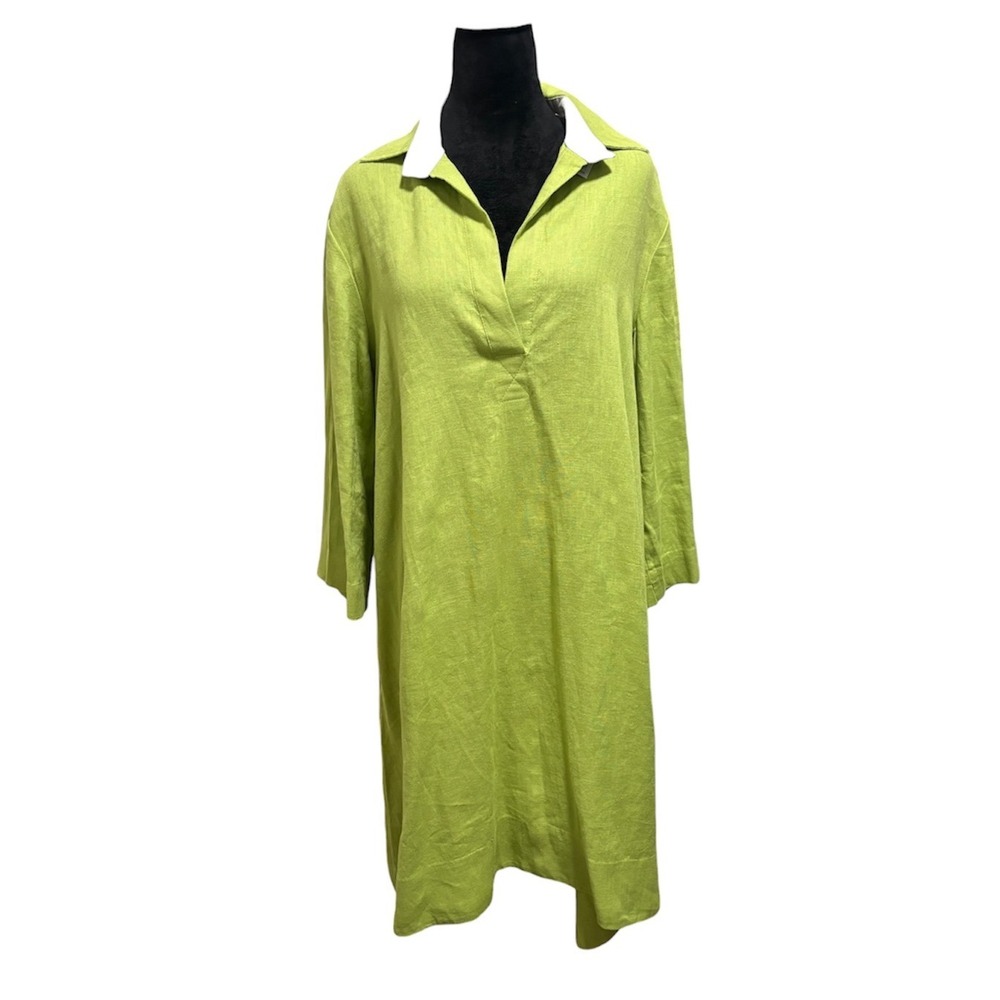 Crown Linen Designs Tunic Dress Women's M Lime Green 100% Linen V-Neck EUC‎